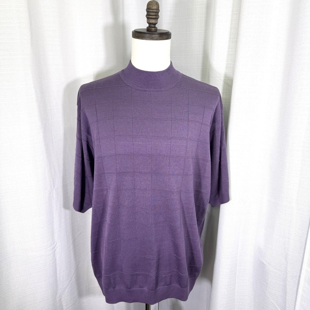 Paul Fredrick 100% Silk Mock Neck Sweater Short Sleeve Royal Purple Luxe XXL